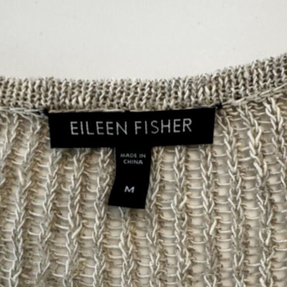 Eileen Fisher Linen Cotton Sheer Knit Sweater Pullover V-Neck Oatmeal Beige M - Picture 10 of 11